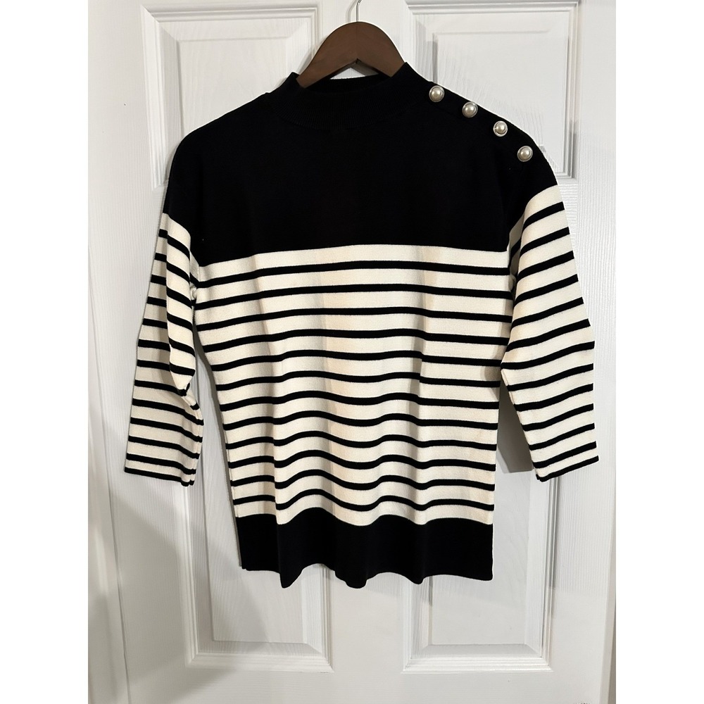 Talbots Nautical Stripe Mock Neck Sweater 3/4 Sleeve Pearl Button Black White - Picture 1 of 2